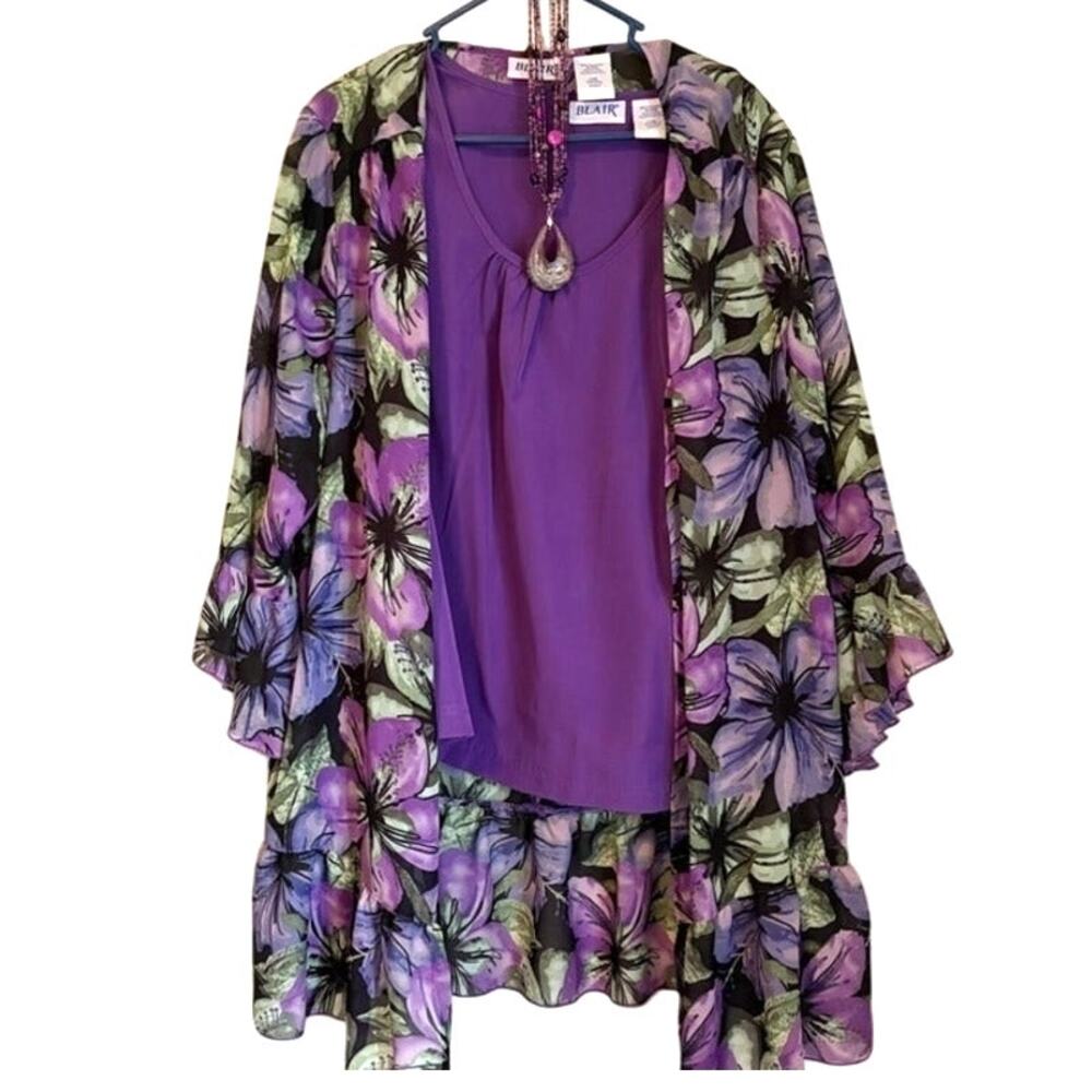 Blair Women's 3-Piece Purple Tank Top & Floral Cardigan Set L Necklace
